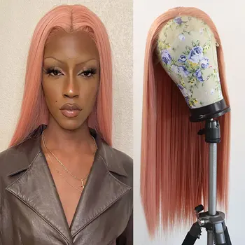 Kiváló minőségű szintetikus hajcsipke elülső paróka őszibarack rózsaszín egyenes hőálló szálas haj előre kopasztott hajszál divatos nőknek