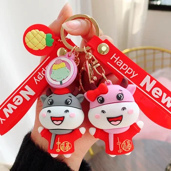 Kína újévi tehénborjú baba párok kulcstartó lányoknak fiúk kulcstartó nők gumi trinkle kulcstartó tartók autótáska charm D802