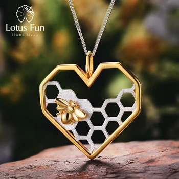 Lotus Fun Real 925 Sterling ezüst finom ékszerek méhsejt Home Guard 18K arany méh szerelem szív medál lánc nélkül nőknek