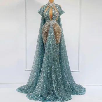 Luxus gyöngyfűzés Dubai kék estélyi ruhák Cape Shawl-lal Arab nők esküvői parti hivatalos ruhák csillogó tüll báli ruha 2023