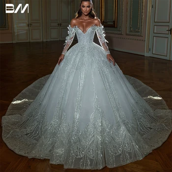 Luxus gyöngyös hímzés báli ruha Esküvői ruha Hosszú ujjú vállon kívüli menyasszonyi ruhák Flitteres kristályok Menyasszonyi ruha