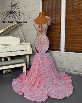 Luxus rózsaszín O nyakú hosszú báli ruha fekete lányoknak 2023 Flitteres születésnapi parti ruhák gyöngyös kristály estélyi ruhák bojtos ruha