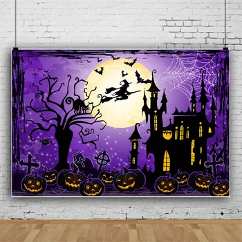 Mocsicka Lila Halloween Party háttér dekorációk Sötét kastély Izzó tök Hold varázsló fotó Háttérkép Fotóstúdió kellékek