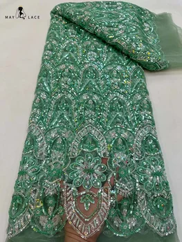 Május csipke Afrikai flitterek Csipke szövet Kiváló minőségű hímzés gyöngyös nigériai francia tüll csipke anyag esküvői ruha varrásához