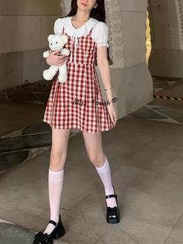 Nyári kockás Kawaii ruha női patchwork Japán Lolita Party Mini ruha női szexi alkalmi koreai divat édes ruha 2022