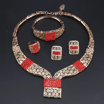 OEOEOS India arany színű ékszerkészletek nőknek Divat piros kristály afrikai esküvői nyaklánc fülbevaló karkötő gyűrű szettek