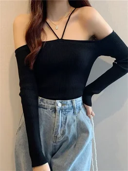 Off Shoulder póló Női szexi karcsú pólók Női koreai divat lógó nyakú kötöttáru Lady Őszi hosszú ujjú vékony kötött felső