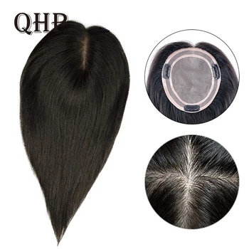 QHP 100% emberi hajfedő nőknek Lélegző mono és PU hajkiegészítők 16 hüvelykes hajdarabok Szőke fekete csíptetős topper