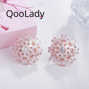 QooLady Shiny geometrikus hópehely virág CZ kristály rózsa arany színű Big Wedding Stud fülbevaló hölgyeknek Koreai ékszerek E256