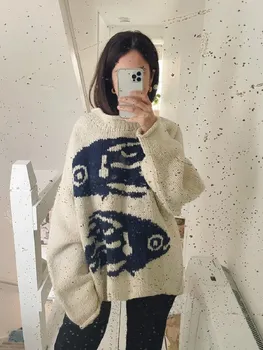 Retro mintás mintás pulóver női 2023 őszi/téli divat nyomtatott pulóver pulóver O-nyakú hosszú ujjú laza pulóver