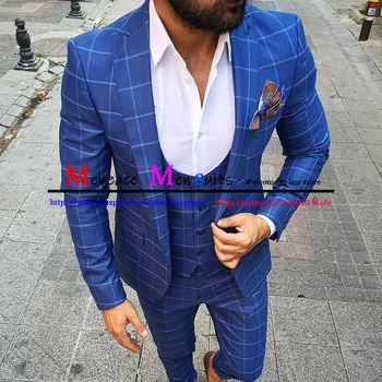 Royal Blue Check férfi öltöny rovátkolt hajtóka esküvői férfi blézer szabott formális szmokingok slim fit szalagavató 3 db dzseki + nadrág+mellény