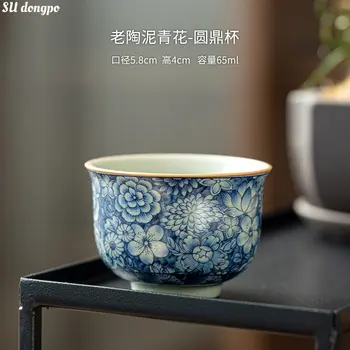 Régi agyag Yuan Ding csésze kerámia teástál Kék és fehér mester csésze Kung Fu teáskészlet jégrepedés textúra Kínai teáscsésze