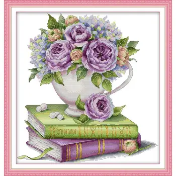 Rózsa és könyv DIY virágmintás nyomtatott keresztszemes készlet Aida 14CT 11CT White Count vászonszövet tűszálas hímzőkészlet