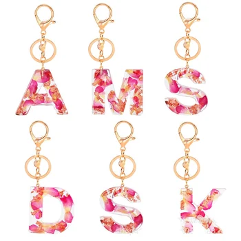 sziromgyanta kulcstartó levél medál angol ábécé kulcstartók függő csatos horog ékszer kézműves rózsa arany fólia kulcstartó gyűrű