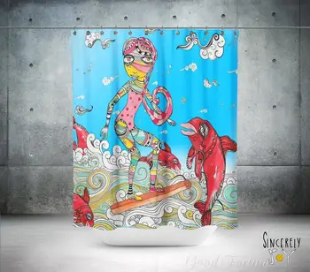 Szivárvány szörfös lány zuhanyfüggöny Ocean Waves Delfin műalkotás Szórakozás Hippi Boho Művész Festett fürdő kiegészítők