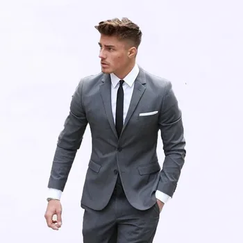 Szürke esküvői szmokingok 2023 rovátkolt hajtókás kétrészes egyedi gyártású slim fit férfi öltöny új (kabát + nadrág)