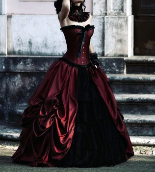 Sötétvörös és fekete báli ruhák Ruched vintage viktoriánus formális partiruhák Pánt nélküli karcsú hercegnő estélyi ruha