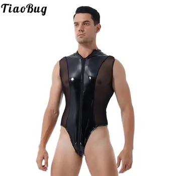 TiaoBug férfi rúdtánc Party Rave Club ruhák Nedves megjelenés lakkbőr bodyruha fürdőruha cipzár magas szabású tanga Leotard