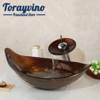 Torayvino Fürdőszobai mosogató készlet Üveg Kézzel festett mosdó mosdó de banheiro fedélzeti tartó vízesés csaptelep víz Keverő csapok