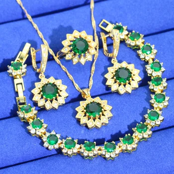 Virágos arany színű esküvői ékszer szettek nőknek Zöld cirkónium fülbevaló nyaklánc medálgyűrű Karkötő társkereső ajándék