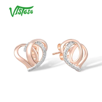 VISTOSO Pure 14K 585 Rózsaarany fülbevaló nőknek Csillogó gyémánt csavart szív fülbevaló Trendi szép ajándékok Finom ékszerek