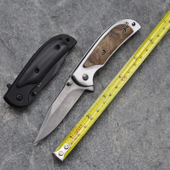 Új kültéri mini összecsukható penge kés Titanizing rozsdamentes acél penge fa fogantyú túlélési kemping kés EDC szerszám [ezüst és fekete]