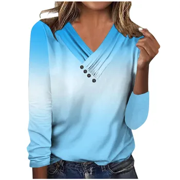 Új színátmenetes 3D mintás póló női divat V-nyakú hosszú ujjú pólók nőknek 2024 tavaszi őszi gombos póló felsők Femme