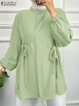 Őszi hosszú ujjú Eid Mubarek Muszlim ing ZANZEA Women Elegant Buttons Down Blúz Casual Solid Lace Up Tops Blusas Chemise